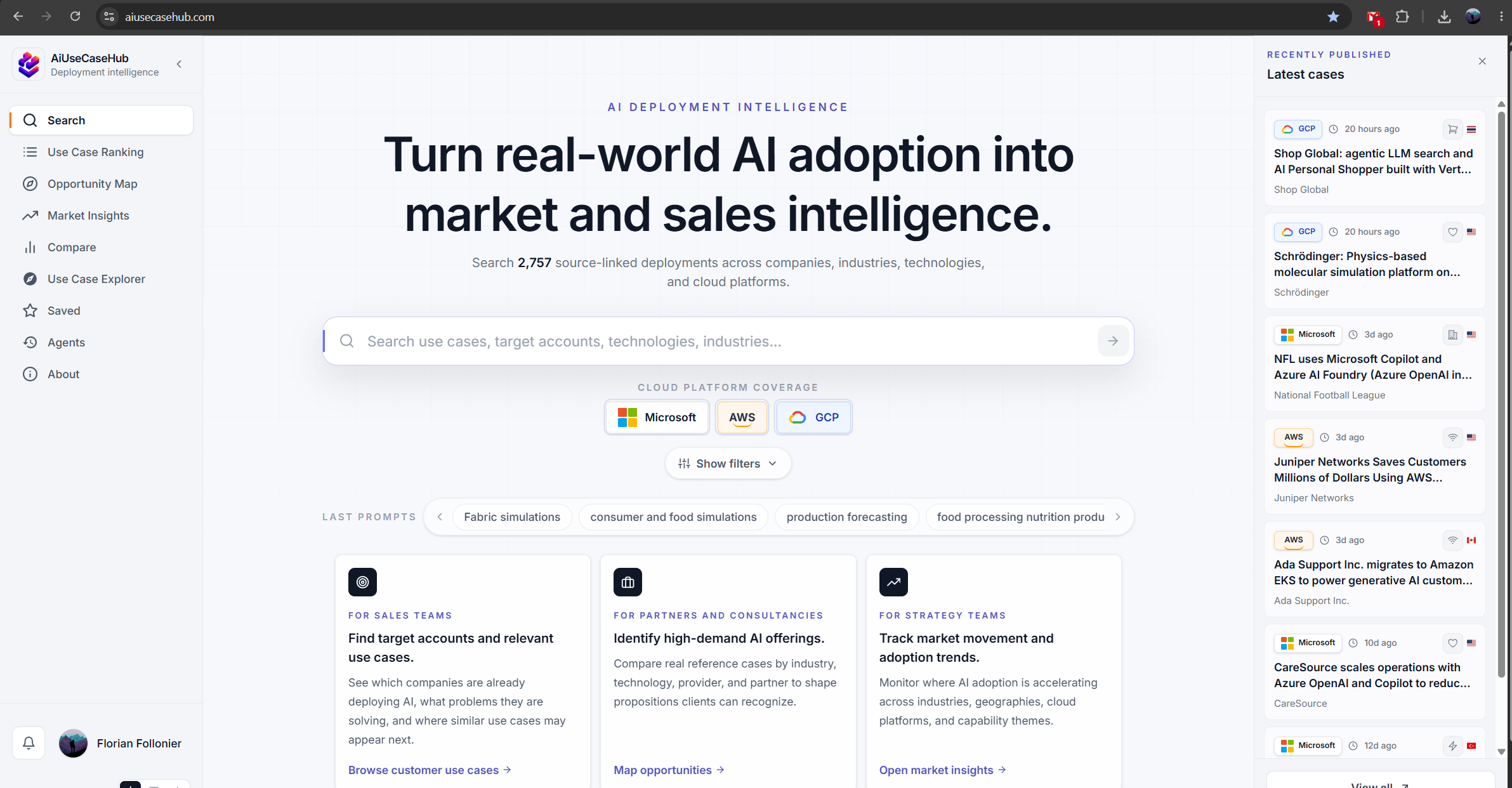 AI Use Case Hub search homepage with latest published cases