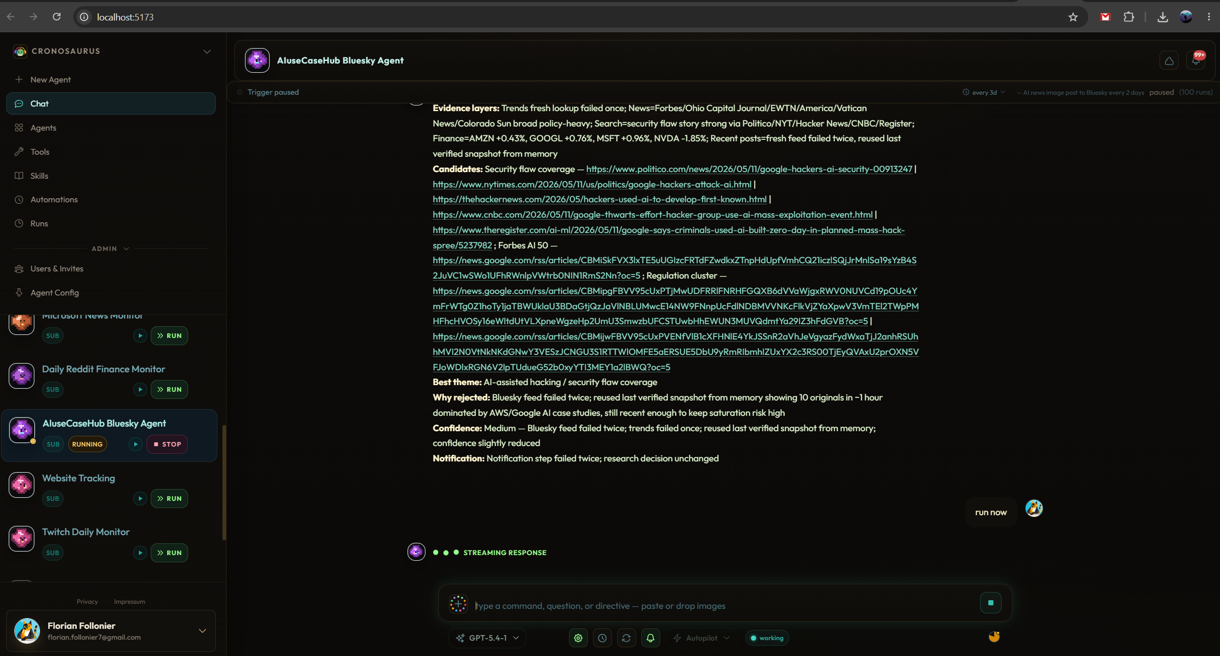 Cronosaurus running agent chat with streaming research output