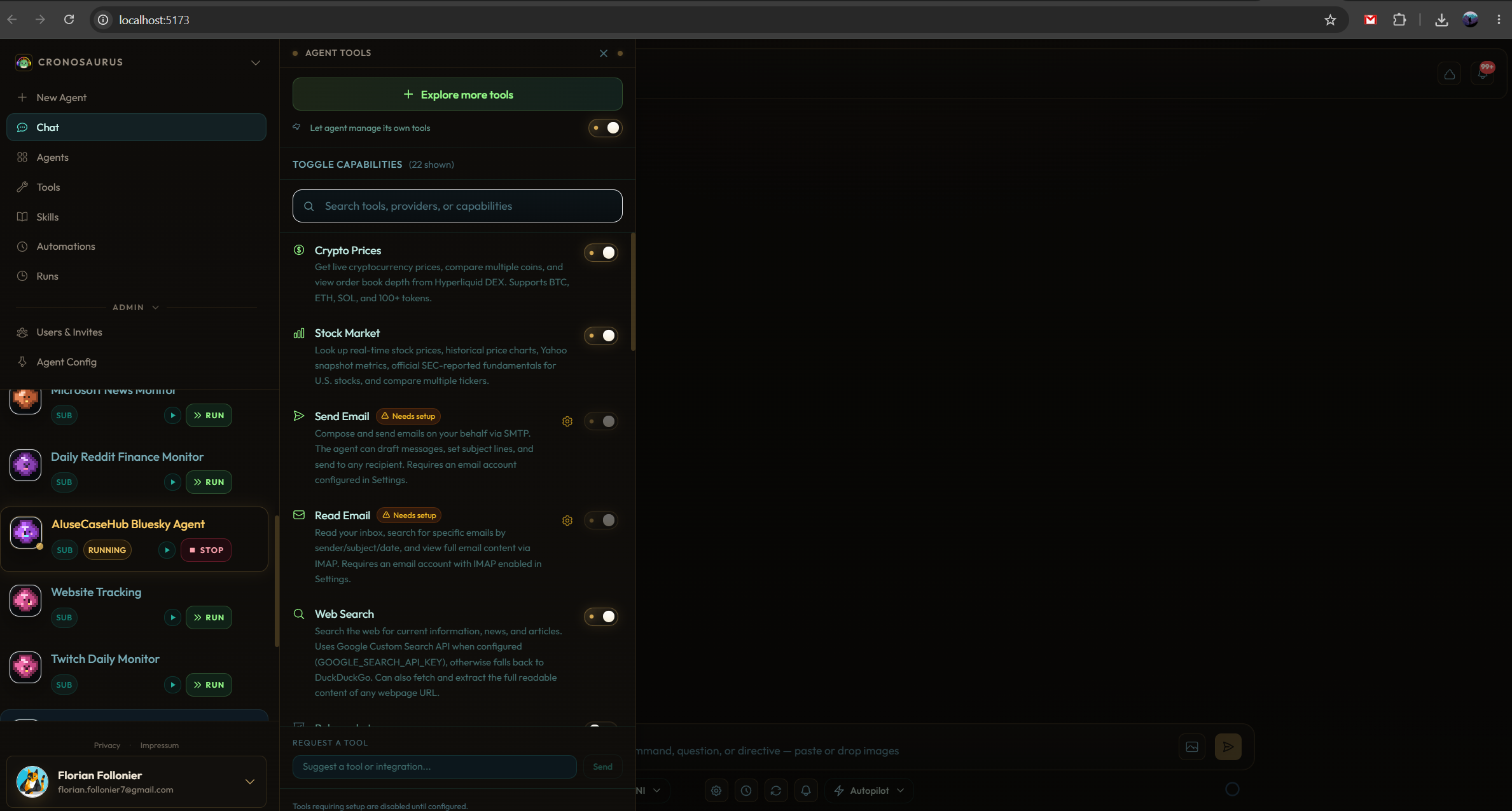 Cronosaurus per-agent tools panel