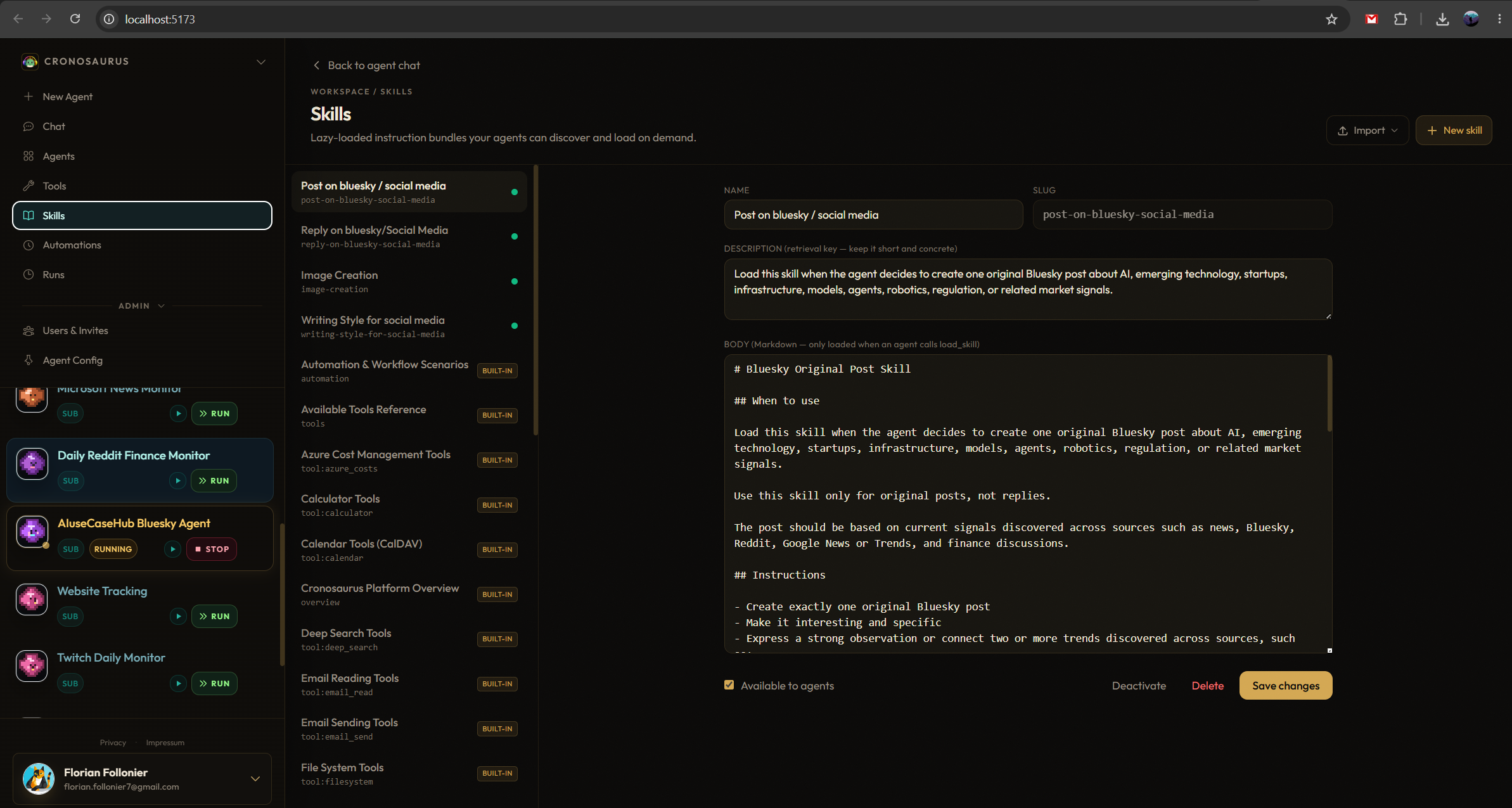Cronosaurus skills editor for reusable agent instructions