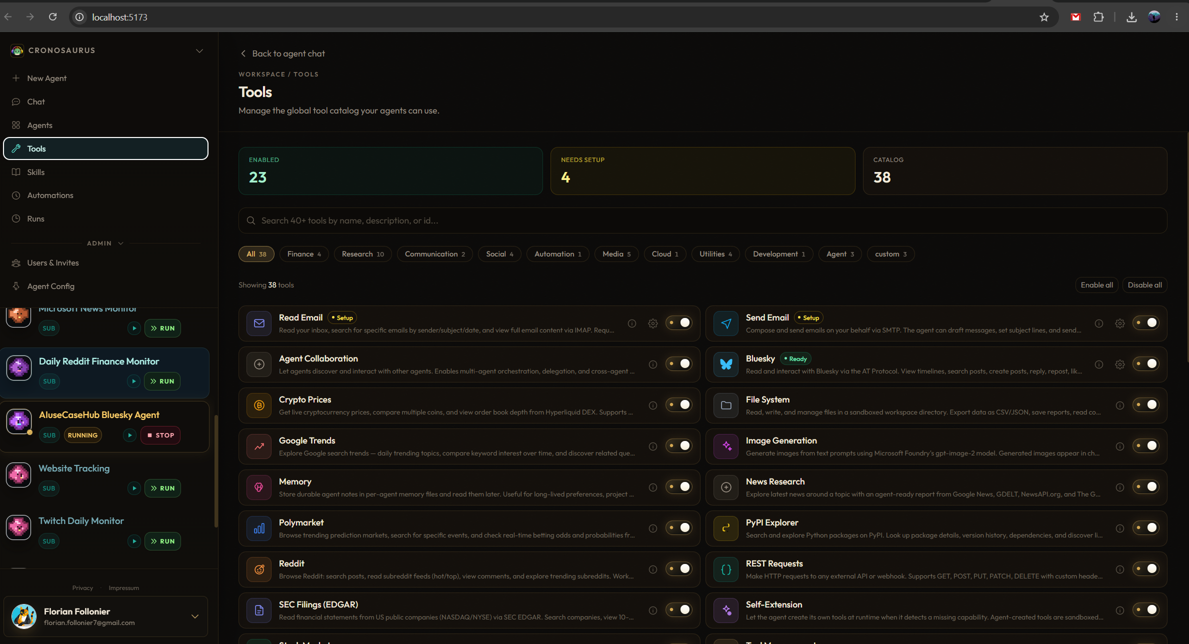 Cronosaurus tool catalog with configurable agent capabilities